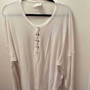 Waffle Knit Snap-Front Long Sleeve Top — White